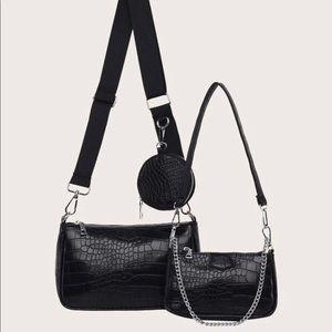 3 PC Black Croc Embossed Multi Pochette Bag Purse